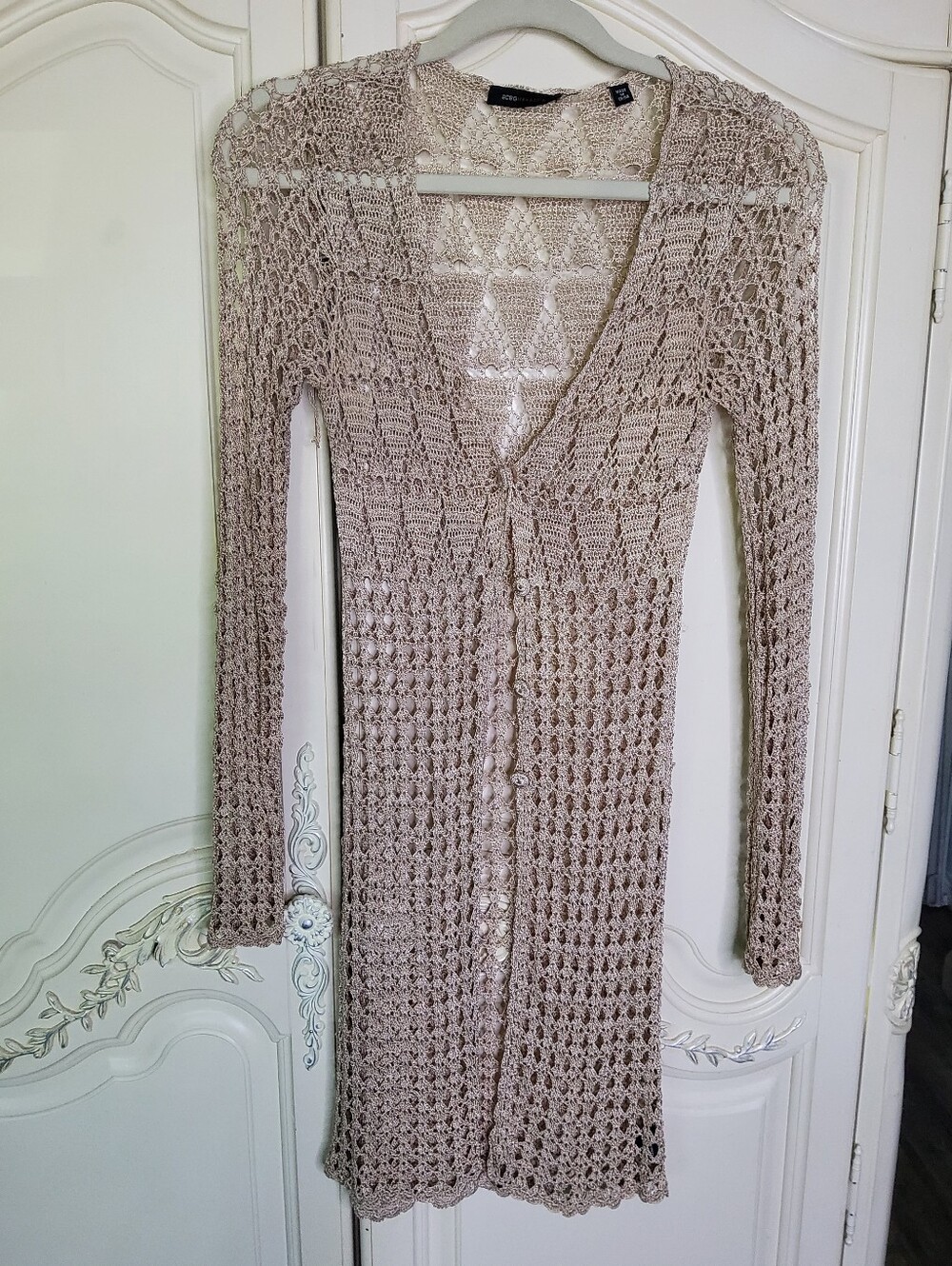 Vintage BCBGMaxAzria Crochet Open-Knit Long Cardigan - Neutral Taupe